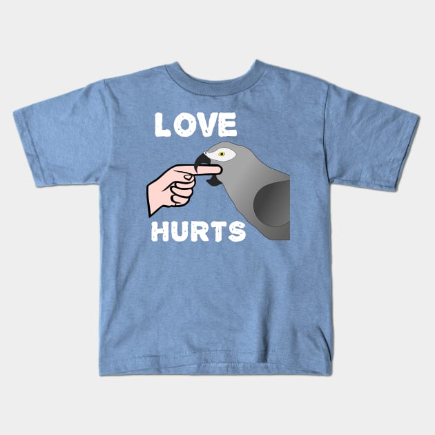 Love Hurts African Grey Parrot Biting Kids T-Shirt by Einstein Parrot